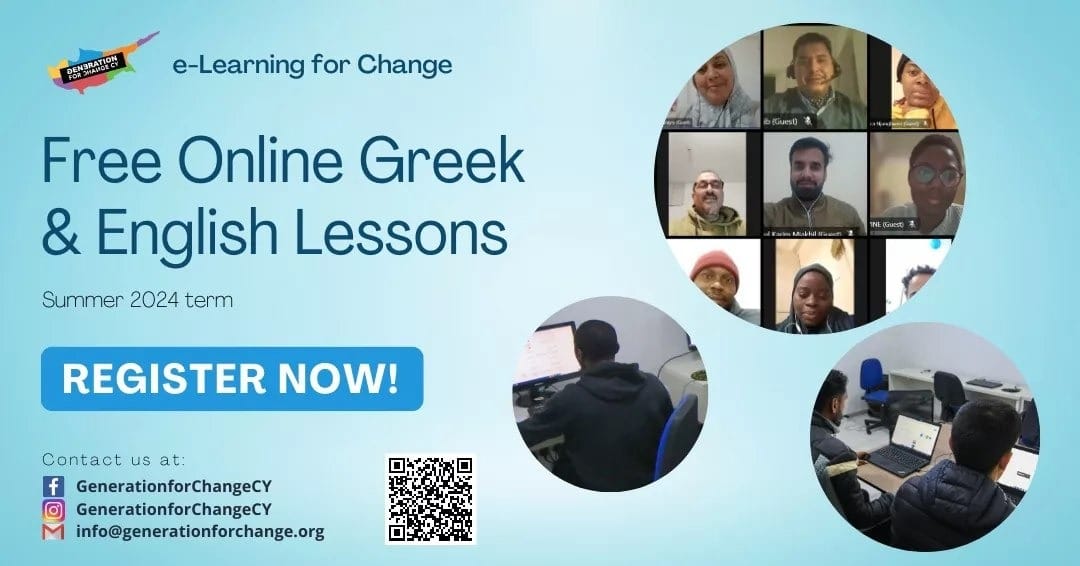 Generation For Change CY (GFC) ofrece un programa gratuito de idiomas en línea denominado "e-learning for Change" para ayudar a los inmigrantes a mejorar su dominio del griego y el inglés.