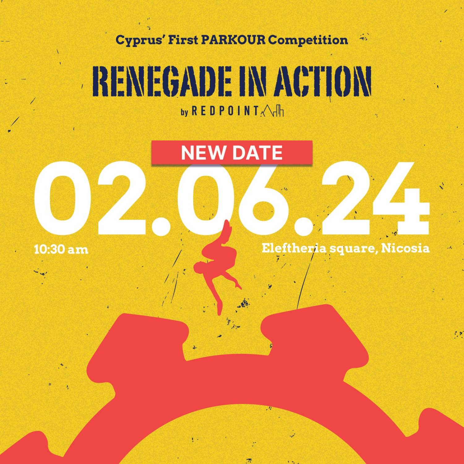 O 1º Concurso de Parkour Pancyprian, "Renegado em Ação", foi reagendado para domingo, 2 de junho, às 10h30
